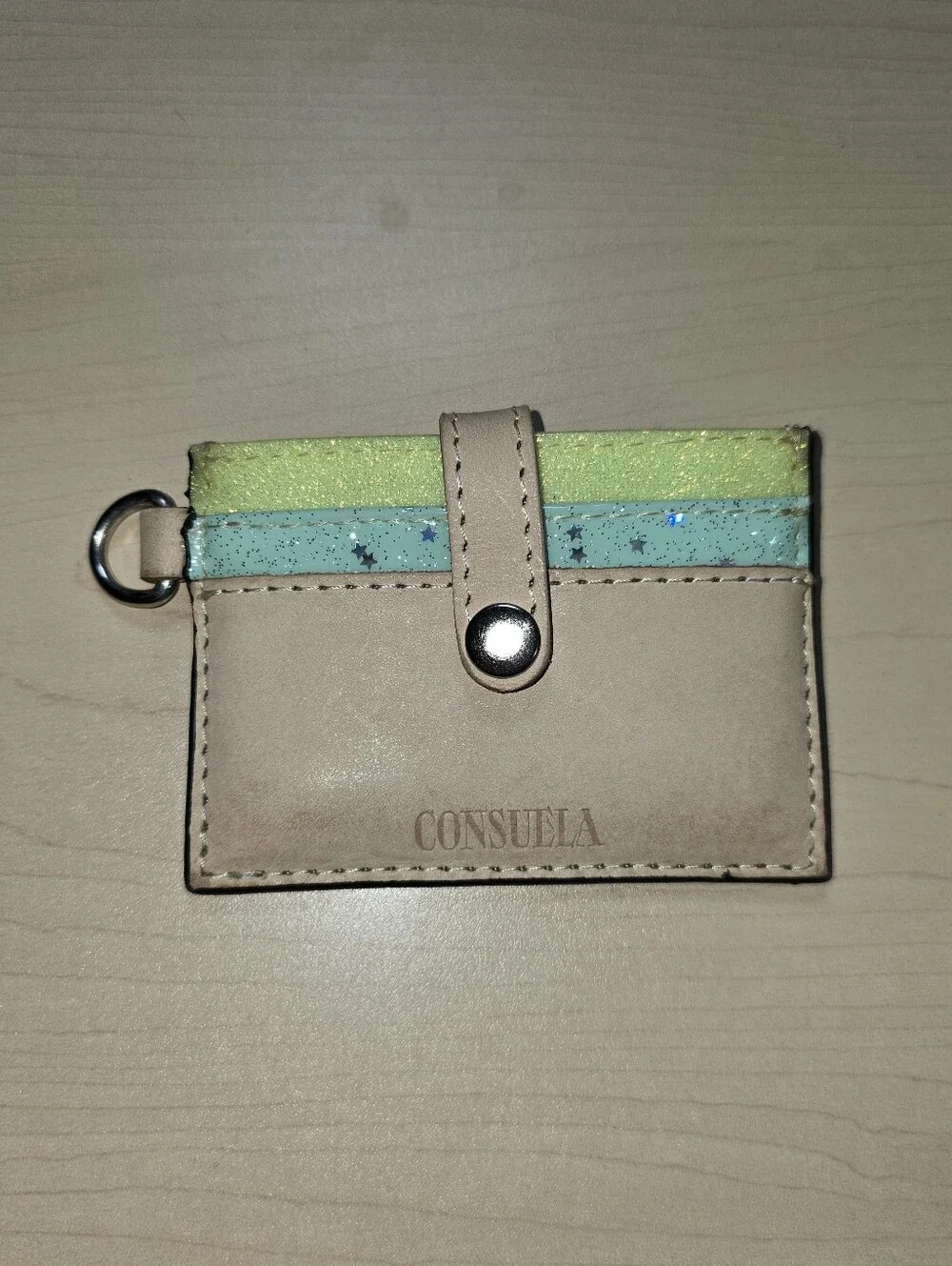 Consuela Beige Card Holder with Mint and Lime Glitter Accents